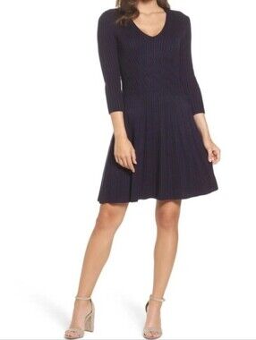 Eliza J Navy Ribbed V-Neck Fit-and-Flare Dress Size XS